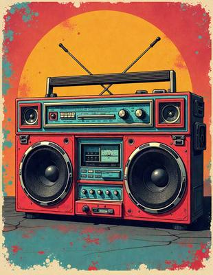The primary subject of the image is a red, blue, and yellow radio. The radio is placed on a table, and it appears to be a vintage model. The setting is a room with a sunny window, which provides a warm and inviting atmosphere. The visual style of the image is a combination of digital art and illustration, giving it a unique and creative appearance. The dominant colors of the image are red, blue, and yellow, which evoke a sense of nostalgia and warmth.